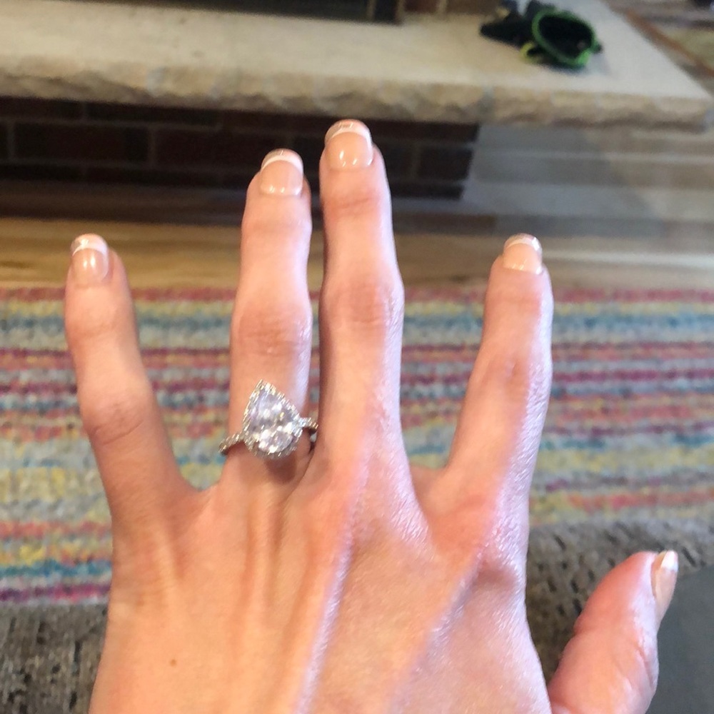 Louily 2.2 carat lab grown pear cut engagement ring.   .925/white gold plated
